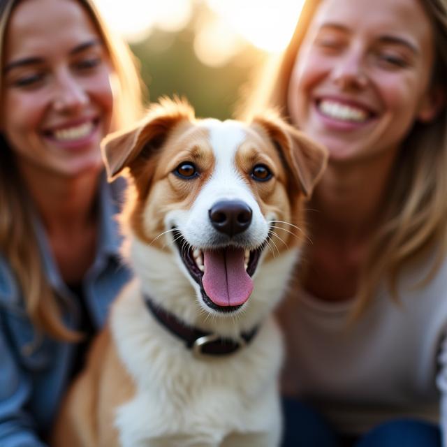 Perro feliz adoptado con su nueva familia