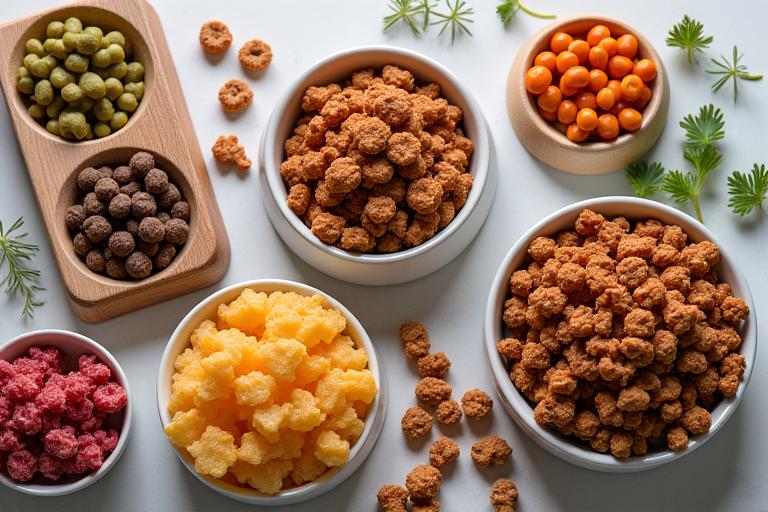 Selección de comida natural para mascotas, incluyendo BARF y liofilizada